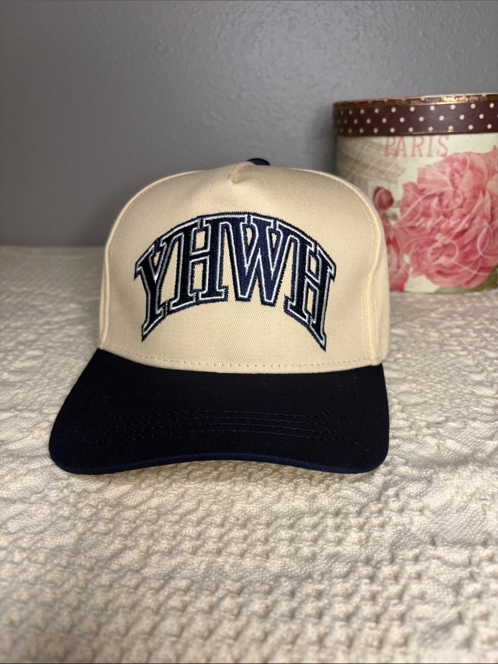 YHWH Embroidered Two-Tone Baseball Cap - Cream & Navy